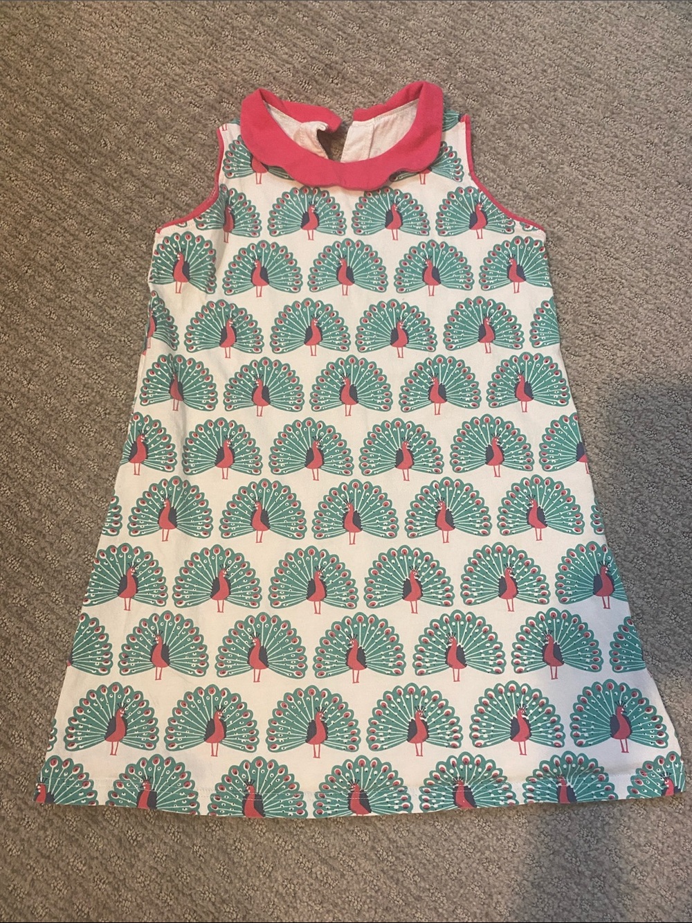 Girls' Peacock Print Sleeveless Dress with Pink Collar